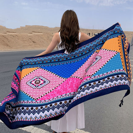 Ethnic Style Printed Silk Scarf Women's Seaside Travel Sun Protection Gauze Air Conditioning Warm Scarf Versatile Long Shawl