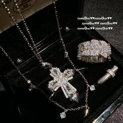 Italian Vintage Brushed Cross Gemstone Necklace Vintage Water Drop Zircon Tassel Neck Chain Overlapping