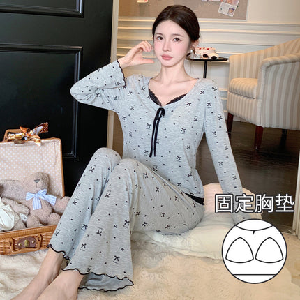 [D] New Spring Long Sleeve Comfortable Draped Bow Lace suit Home Clothes Women's Pajamas