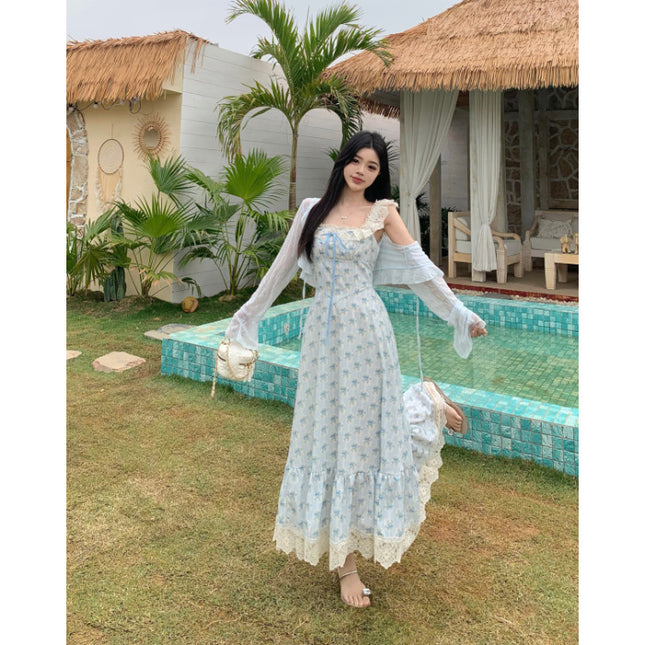 Korean Style Large Size Gentle Style Suspender Dress Women's New Summer Floral Skirt Fat mm Slimming Look Lace Splicing Long Skirt