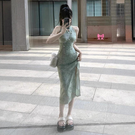 New Chinese Style Improved Cheongsam Halterneck Suspender Dress for Women Summer Waist Slimming Slit Hip-Covering Green Long Skirt