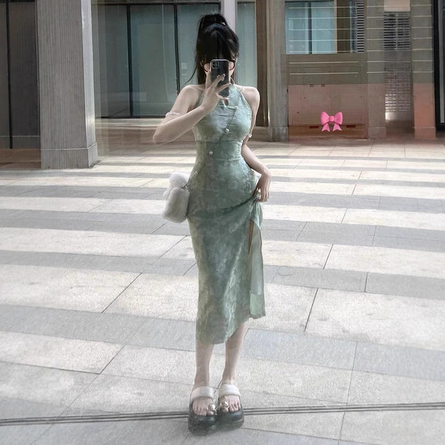 New Chinese Style Improved Cheongsam Halterneck Suspender Dress for Women Summer Waist Slimming Slit Hip-Covering Green Long Skirt