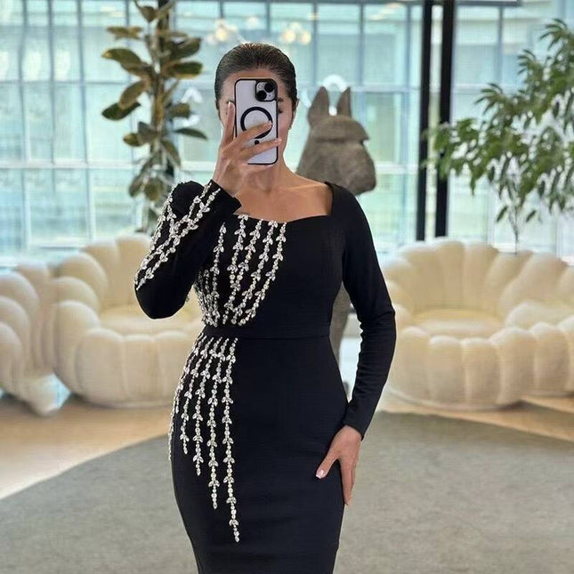 Cross-Border European and American New Hot-Selling Bandage Dress Heavy-Duty Nail Drill Slim Long-Sleeved High-Definition Evening Dress for Women