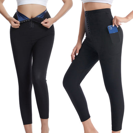 Sweat Pants European and American Plus Size Women's Yoga Tummy Control Waist Trainer Sweat Pants with Pockets Waist Trainer Running Shapewear Pants