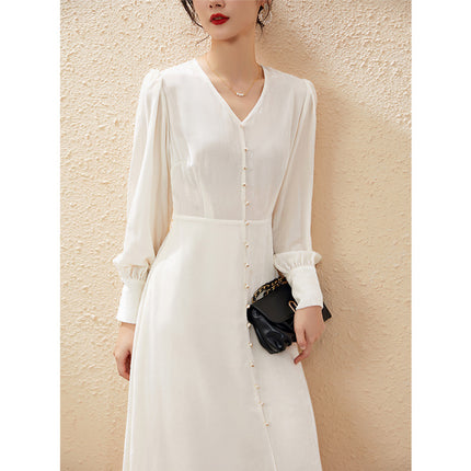 European Style White Velvet Silk Dress for Women 2025 New V-Neck French High-Waisted Mulberry Silk Long Dress
