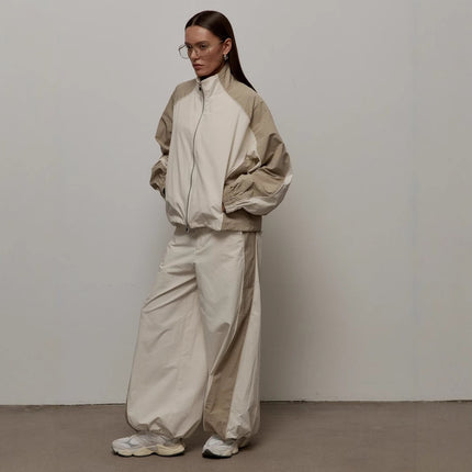 Aliexpress Cross-Border New Casual Women's Fashion Color-Blocking Drawstring Sports Jacket and Pants Set European and American Two-Piece Set
