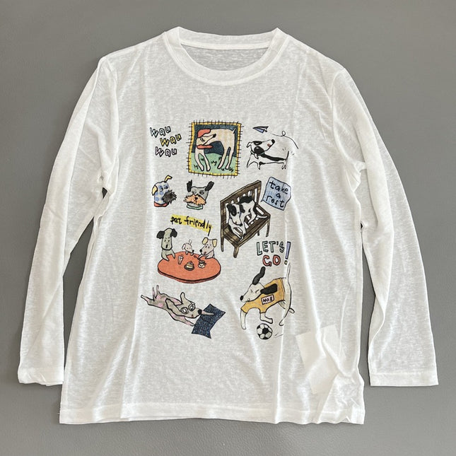 Lyocell Tencel Korean Style Dog Pattern Loose Version Thin Round Neck Long-Sleeved Sun Protection T-Shirt Summer New Women's Top