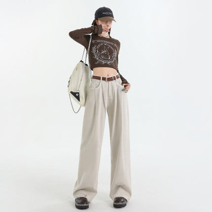 Korean Style Pleated Loose Wide Leg Jeans Women's 2024 Autumn New High Waist Drape Slimming All-match Straight Pants
