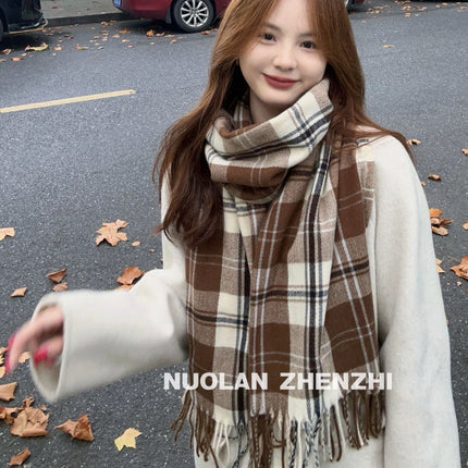 New Maillard Cashmere Plaid Scarf Women's Autumn and Winter Thickened Warm Shawl Dual-purpose Solid Color Student Scarf
