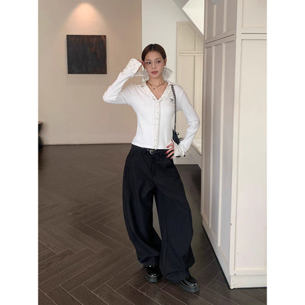 JIAMU American Style High Street Pleated Pants Retro Baggy Loose Wide Leg Neutral Scimitar Casual Pants for Men and Women