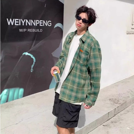 Brushed Plaid Long-Sleeved Shirt for Men, Summer Thin Sun Protection Shirt, Loose Retro American Fashion Brand Couple's Jacket