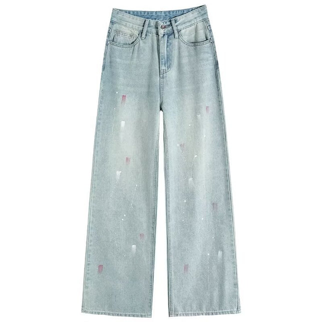 Blue Tie-Dye Splash-Ink Straight Jeans Women's Spring 2025 New Design Sense Small All-Match Trendy Mop Pants