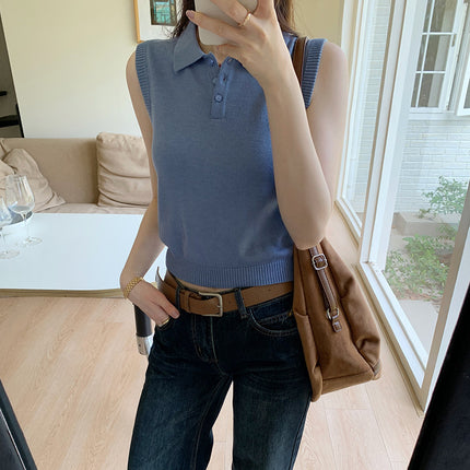 European Unique and Unique Design Sleeveless Slim Knitted Knitwear for Women 2025 Summer New Style Lapel Top
