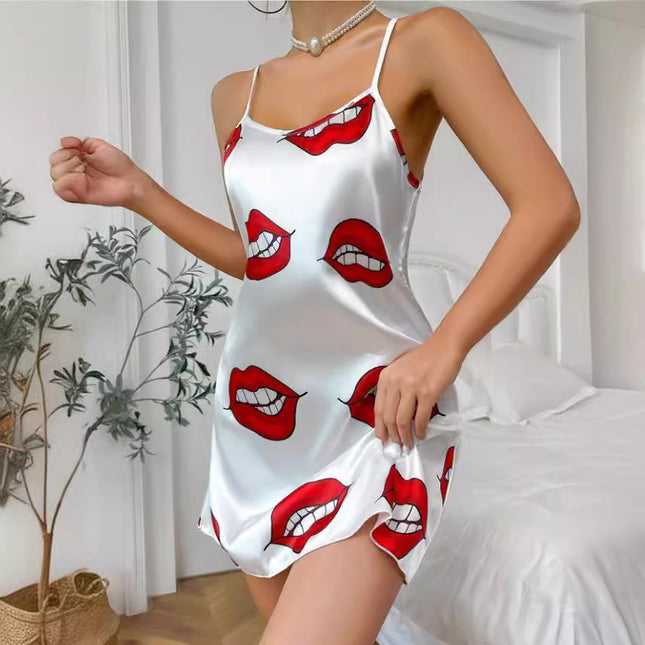 Cross-Border Foreign Trade Sexy Backless Suspender Dress Imitation Silk Nightgown Summer Printed Pajamas Short Skirt Women's Home Clothes