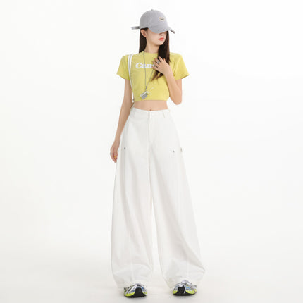 American-Style Curved Casual Pants for Women, Autumn New High Street Design, Loose and Slimming Floor-Length Cargo Denim Wide-Leg Pants