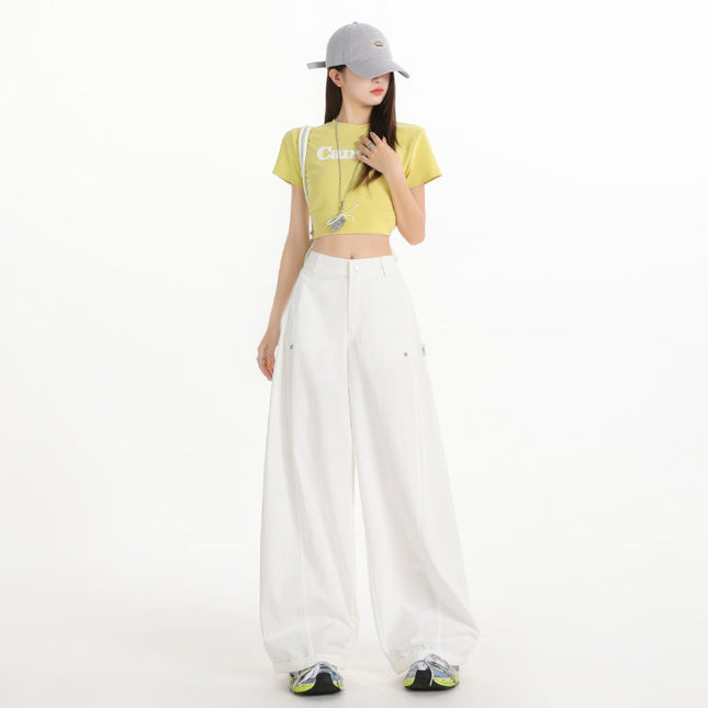 American-Style Curved Casual Pants for Women, Autumn New High Street Design, Loose and Slimming Floor-Length Cargo Denim Wide-Leg Pants