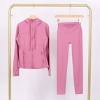 Velvet pink hooded stamped jacket and cropped pants suit / 2/S