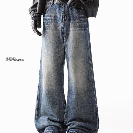 American Style Retro Old Washed Jeans Men's cleanfit Puppies Handsome Lightning Pattern Micro Straight Tube High Street Pants
