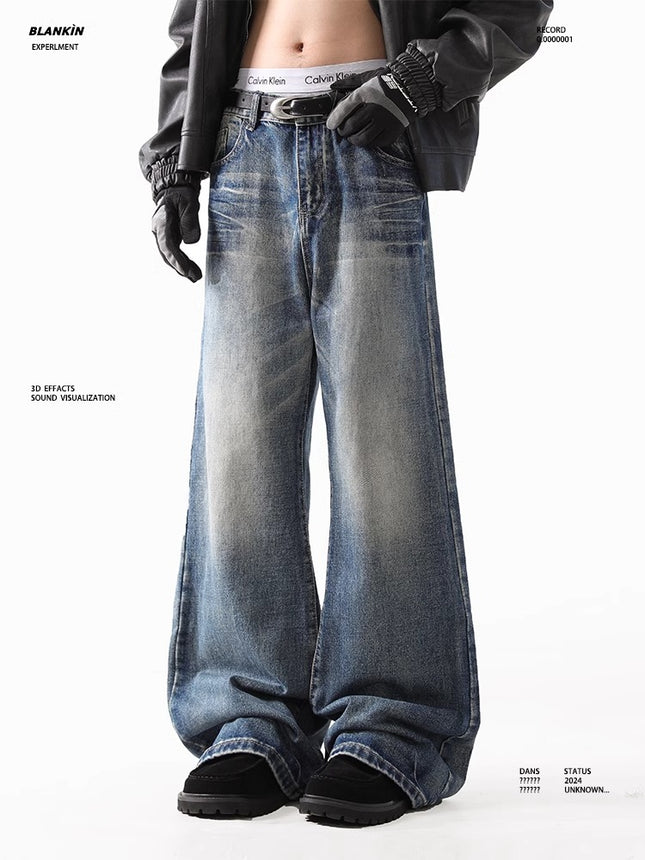 American Style Retro Old Washed Jeans Men's cleanfit Puppies Handsome Lightning Pattern Micro Straight Tube High Street Pants