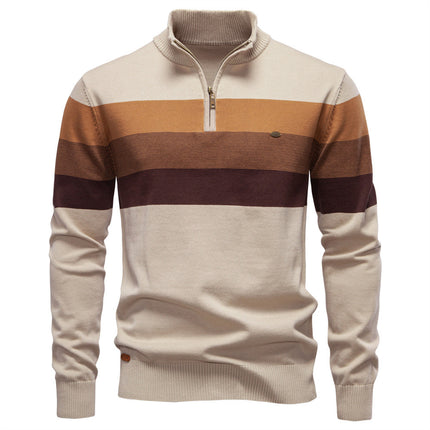 Autumn and Winter Fashion Semi-Cross-Border Striped Knitwear Men's Spliced Pullover Zipper Men's Knitwear Khaki Green
