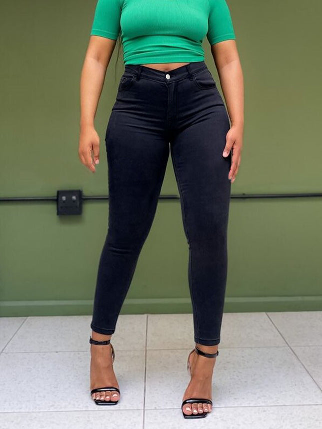 Guangzhou Supply Chain Tiktok Pop In-Stock Black and White Denim Jeans for Women, High Elasticity, Plus Size, Skinny Pants