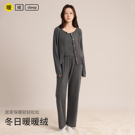 Autumn and Winter Women's Warm Pajamas, Heated Velvet Cardigan with Vest, Three-Piece Set, Simple and Comfortable Home Wear Set