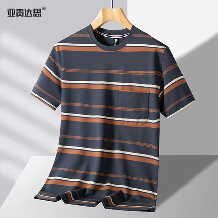 Dad T-shirt short sleeve summer pocket round neck yarn-dyed striped middle-aged men's top middle-aged and elderly plus size men's clothing