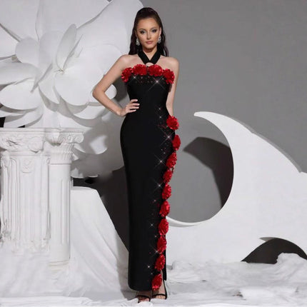 European and American Cross-Border New Fashion Halter Neck Flower Diamond Elegant Elegant Lady Bandage Women's Dress Evening Dress
