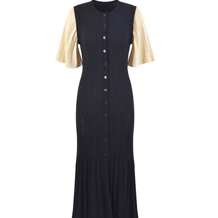 S Brand 2026 Spring/Summer New French-Style Short-Sleeve Knit Dress with Waist-Cinching Slit and A-Line Long Skirt on Aliexpress