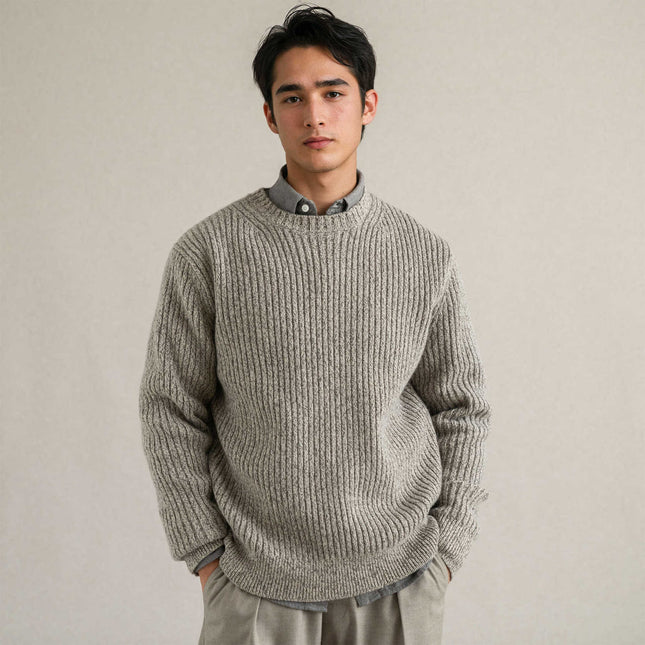 100% Wool Autumn and Winter Round Neck Pit Stripesd Flower Yarn Men's Wool Knitted Sweater