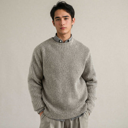 100% Wool Autumn and Winter Round Neck Pit Stripesd Flower Yarn Men's Wool Knitted Sweater
