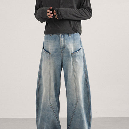 Lktm Men's Clothing American-Style Design with Three-Dimensional Cutting and Patchwork Denim Pants, Trendy Brand Baggy Wide-Leg Curved Pants for Men and Women