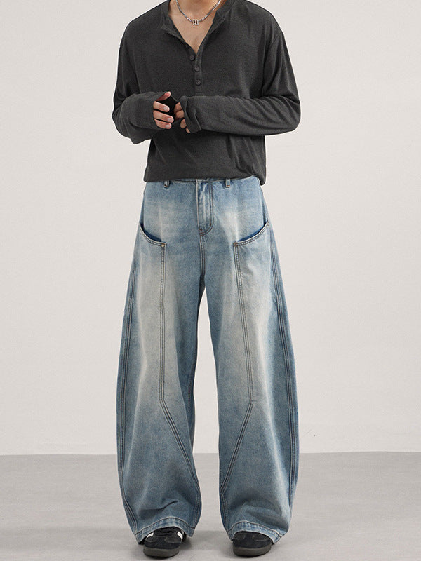 Lktm Men's Clothing American-Style Design with Three-Dimensional Cutting and Patchwork Denim Pants, Trendy Brand Baggy Wide-Leg Curved Pants for Men and Women
