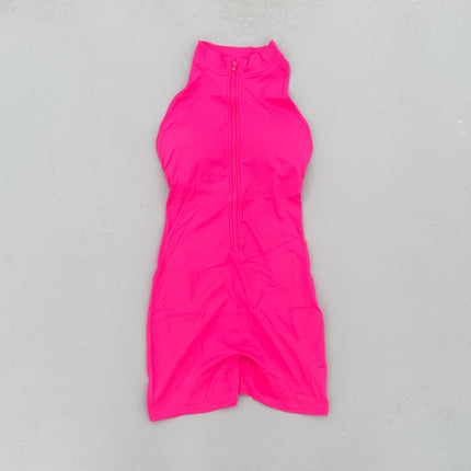 Solid Color Women's Fitness Jumpsuit Shorts with Pleated Back Waist, Hollow-Out, Beautiful Back, Naked Feeling, Soft, Tight-Fitting Zipper Jumpsuit