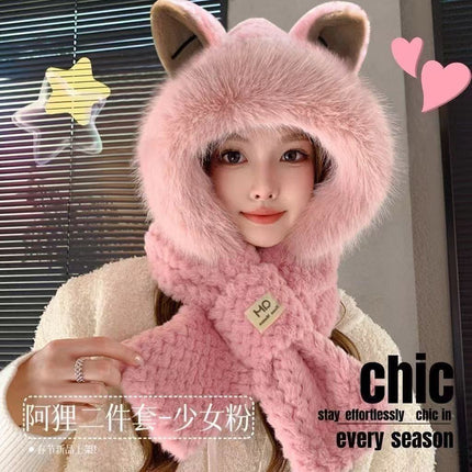 Autumn and Winter Hats for Women, Cute Plush Scarf, Thickened Integrated Neck Warmer, Plush Hat for Cycling, Warm Ear Protection Hat