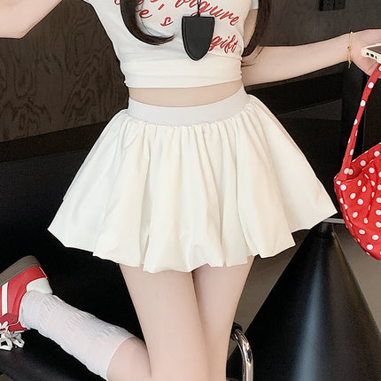 French-Style Color-Blocking Floral Bud Skirt for Women, Summer Petite Gray Plaid Short Skirt, Anti-Exposure A-Line Puffy Skirt