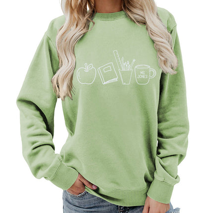 Apple Books Tea Cup Pencil Printing Crewneck Women's Top Sweatshirt Foreign Trade Supply Autumn and Winter Coat Casual Loose