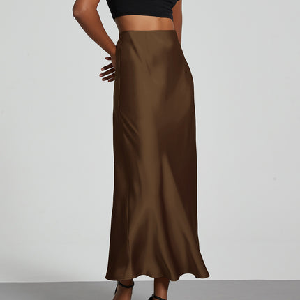 Cross-border women's clothing wholesale European and American style fashion temperament satin texture skirt Joker solid color glossy mid-length skirt