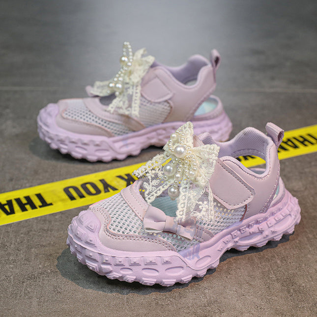 Girls' Sports Sandals 2025 Summer Little Girl's Pearl Lace Bow Hollow Net Sports Sandals