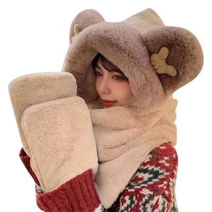 Winter Warm Plush Bear Hat, Scarf, Gloves, Hat, One-Piece Fleece-Lined and Thickeneded Three-Piece Set, Cute and Versatile Scarf