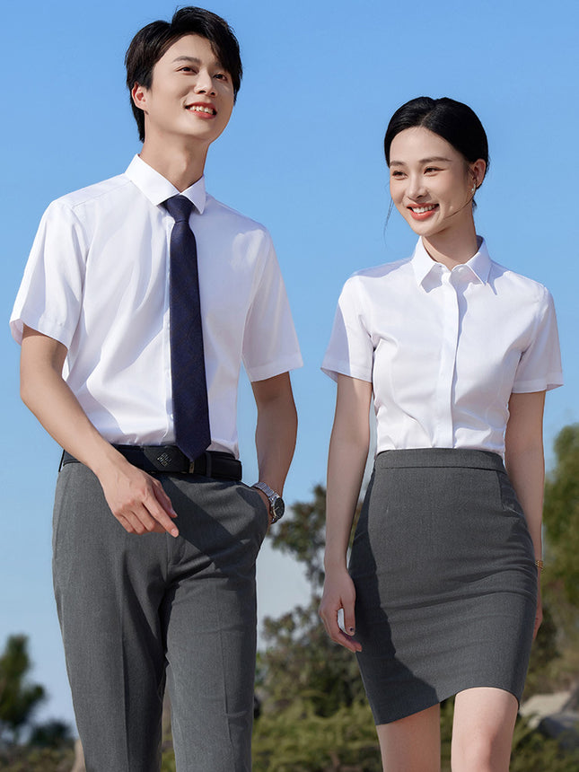 Summer Men's Formal White Shirt Business Casual Short-Sleeved Knitted Shirt Men's and Women's Professional Formal Work Clothes Inch Shirt