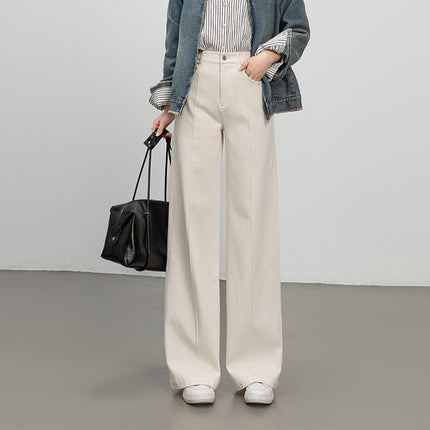 Popular Commuter Fashion Jeans for Women, Spring and Autumn Vintage Straight-Leg Flared Pants, High-Waisted Long Pants, Floor-Length Yarn-Dyed Shiny Silk