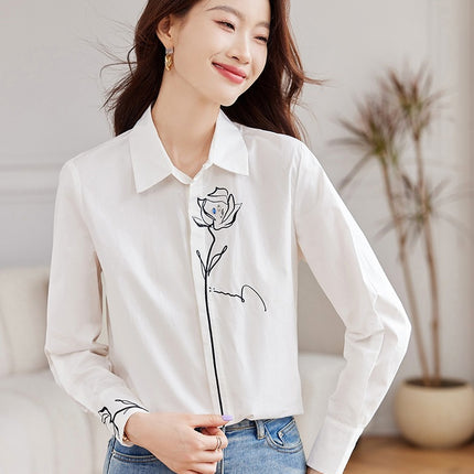 2025 Spring New Commuter Lapel Nail Drill Rose Embroidered Dark Placket Shirt Blouse Top