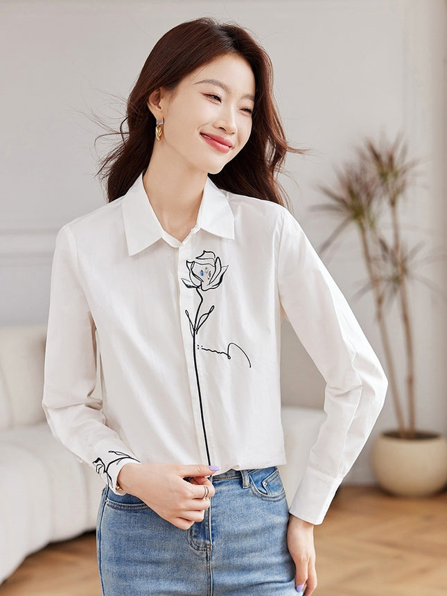 2025 Spring New Commuter Lapel Nail Drill Rose Embroidered Dark Placket Shirt Blouse Top