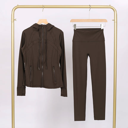 Lulu Df Stamped Hooded Jacket and Cropped Pants Set, Tight-Fitting Stretch Jacket with Gold Zipper, Fitness Yoga Outfit