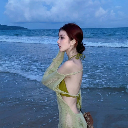 Pure Lust Sexy Sexy Knitted Long-Sleeved Bikini Three-Piece Cover-Up Backless Beach Vacation Sun Protection Swimsuit for Women