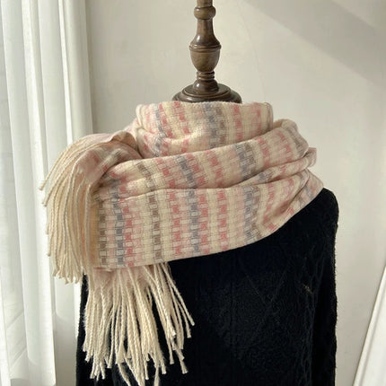 Factory Cream Pink Soft Waxy Plaid Scarf Women's Autumn and Winter Skin-friendly Sweet Soft Girl Rainbow Warm Student Scarf