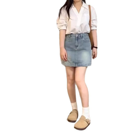 Retro Blue Denim Skirt for Women, Trendyy and Versatile New Style, Large Size Fat mm High Waist, Belly-Covering, Slimming Look A-Line Short Skirt