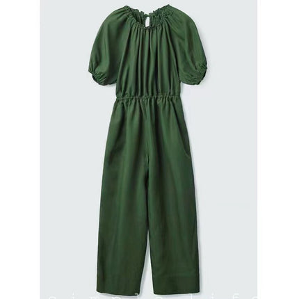 C*Os Women's Loose Fit Puff Sleeve Ruched Jumpsuit in Dark Green, 2025 Spring/Summer New Elegant Commuter Style