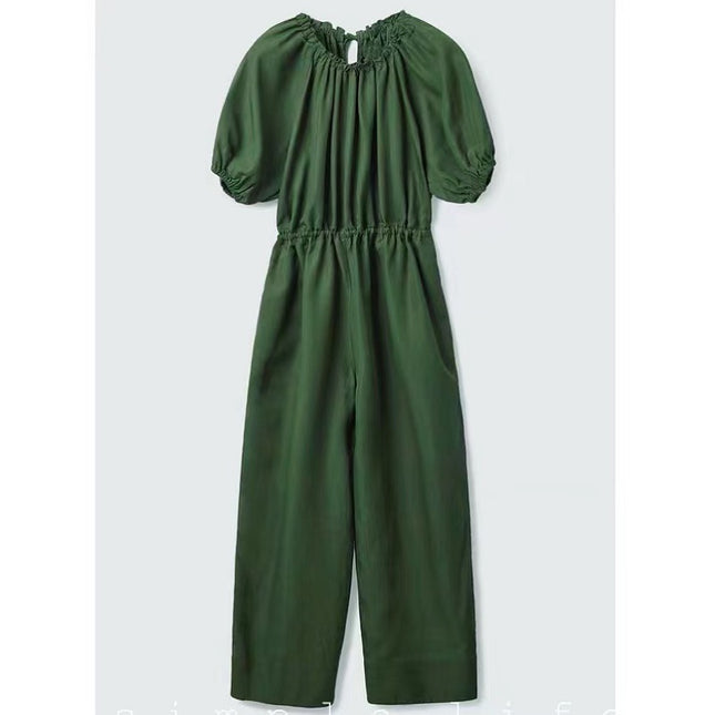 C*Os Women's Loose Fit Puff Sleeve Ruched Jumpsuit in Dark Green, 2025 Spring/Summer New Elegant Commuter Style